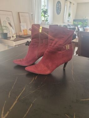 Women's Calvin Klein Burgundy Suede Ankle Boots with Gold Accent